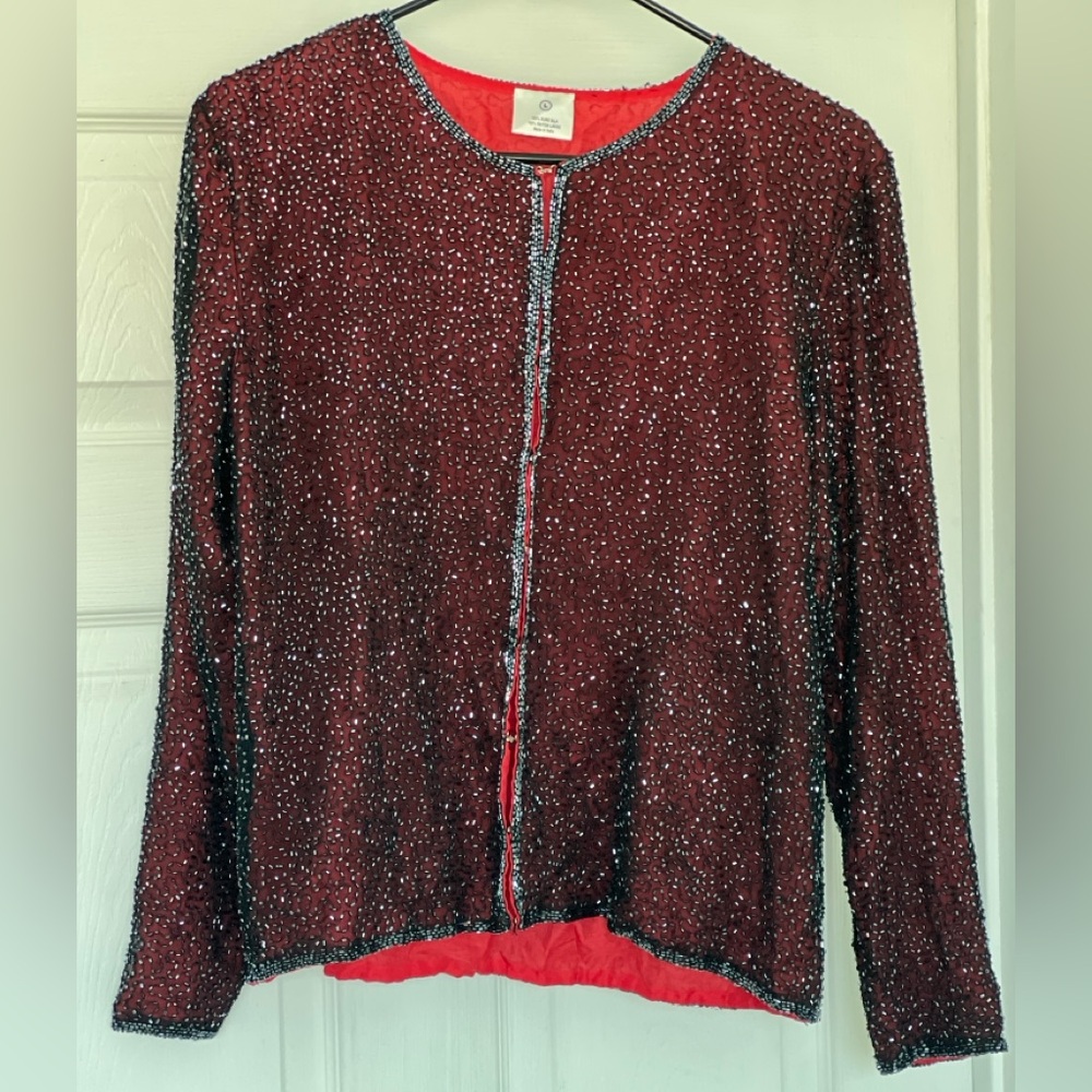 Vintage Laurence Kazar 80s 90s Sequin Silk Beaded Gatsby Evening Blazer Jacket - Picture 2 of 11